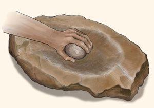 Basin metate and one-hand mano.