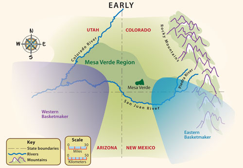 Map showing where Eastern and Western Basketmaker people lived early in the Basketmaker period.