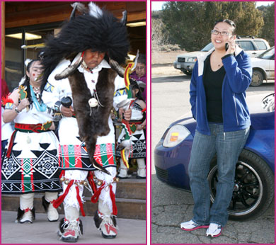 Young Pueblo dancers in traditional costume (left) and Pueblo woman talking on cell phone (right).