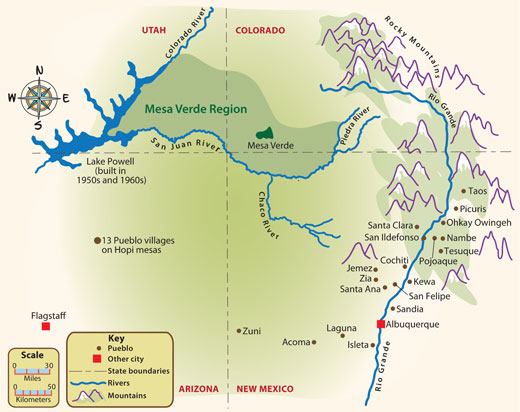 Map showing locations of pueblos today.